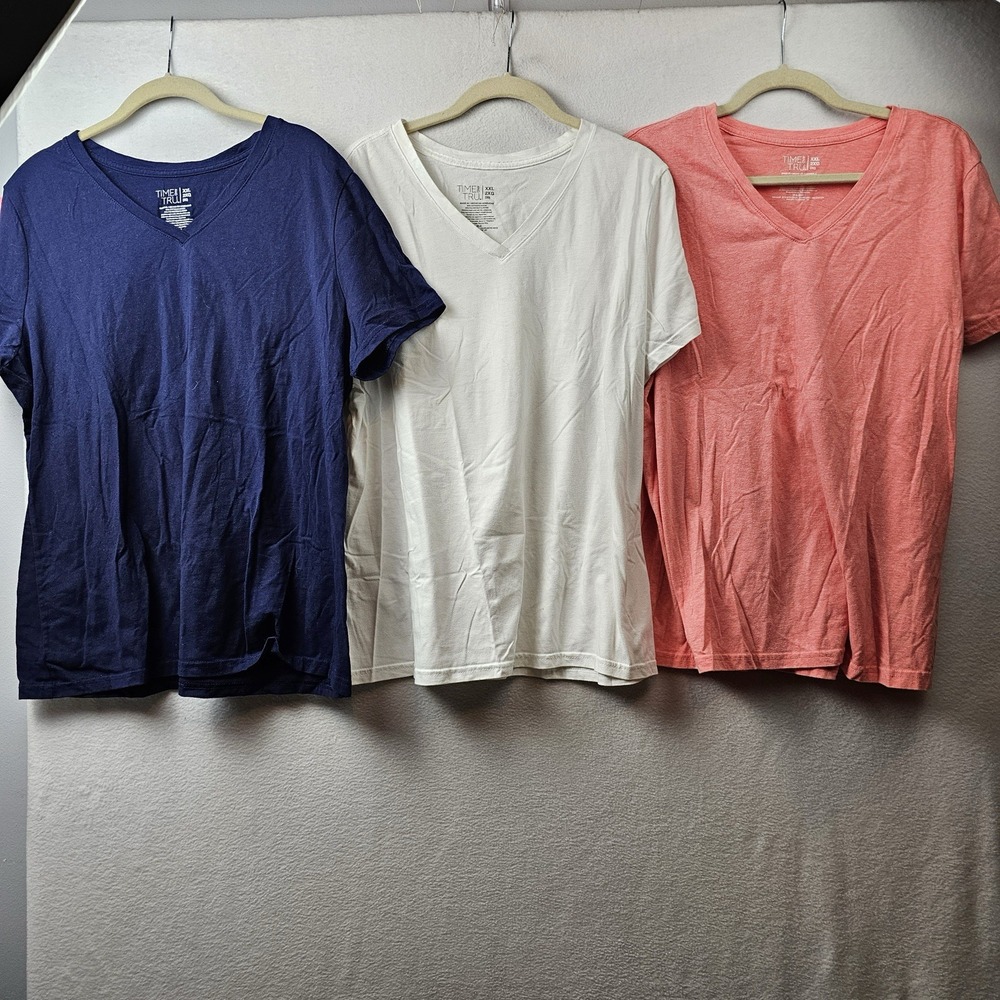Time And True Shirt Woman's Size XXL White Blue Pink T-Shirt V-Neck Set Of 3